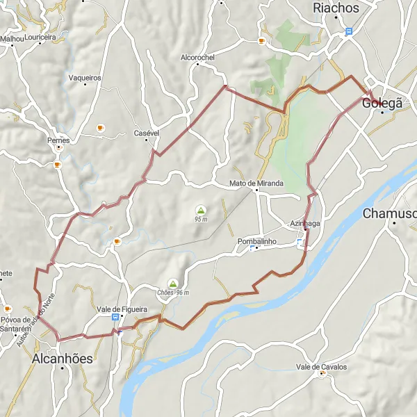 Miniatura do mapa de inspiração para ciclismo "Rota de Azinhaga até Golegã" em Alentejo, Portugal. Gerado pelo planejador de rotas de ciclismo Tarmacs.app