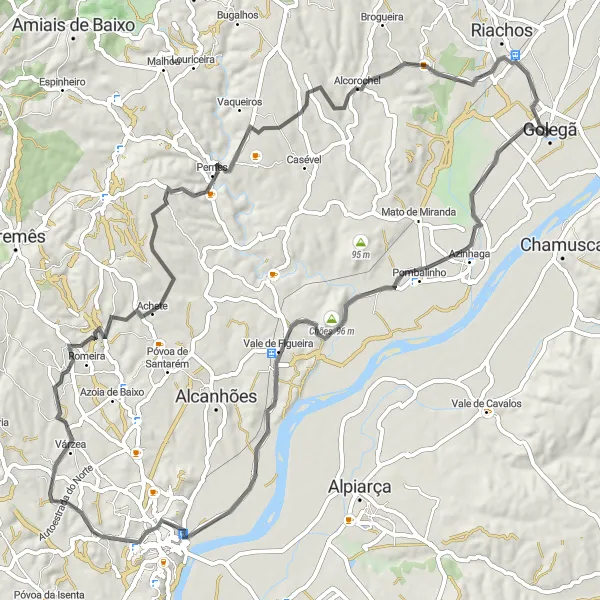 Miniatura do mapa de inspiração para ciclismo "Caminho Histórico pela Golegã" em Alentejo, Portugal. Gerado pelo planejador de rotas de ciclismo Tarmacs.app