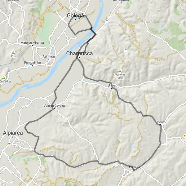 Miniatura do mapa de inspiração para ciclismo "Rota do Chamusca até Pelourinho da Golegã" em Alentejo, Portugal. Gerado pelo planejador de rotas de ciclismo Tarmacs.app