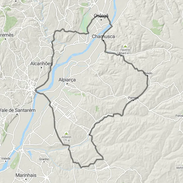 Miniatura do mapa de inspiração para ciclismo "Jornada Desafiadora pelos Campos" em Alentejo, Portugal. Gerado pelo planejador de rotas de ciclismo Tarmacs.app