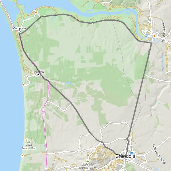 Miniatura do mapa de inspiração para ciclismo "Rota do Carvalhal e Comporta" em Alentejo, Portugal. Gerado pelo planejador de rotas de ciclismo Tarmacs.app