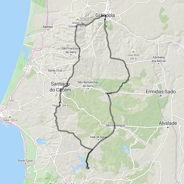 Map miniature of "Road Cycling from Grândola to Santiago do Cacém" cycling inspiration in Alentejo, Portugal. Generated by Tarmacs.app cycling route planner