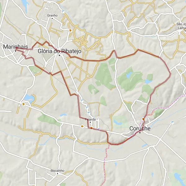 Miniatura do mapa de inspiração para ciclismo "Rota de Gravel de Marinhais" em Alentejo, Portugal. Gerado pelo planejador de rotas de ciclismo Tarmacs.app