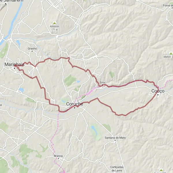 Miniatura do mapa de inspiração para ciclismo "Rota de Gravel Marinhais-Azervadinha" em Alentejo, Portugal. Gerado pelo planejador de rotas de ciclismo Tarmacs.app