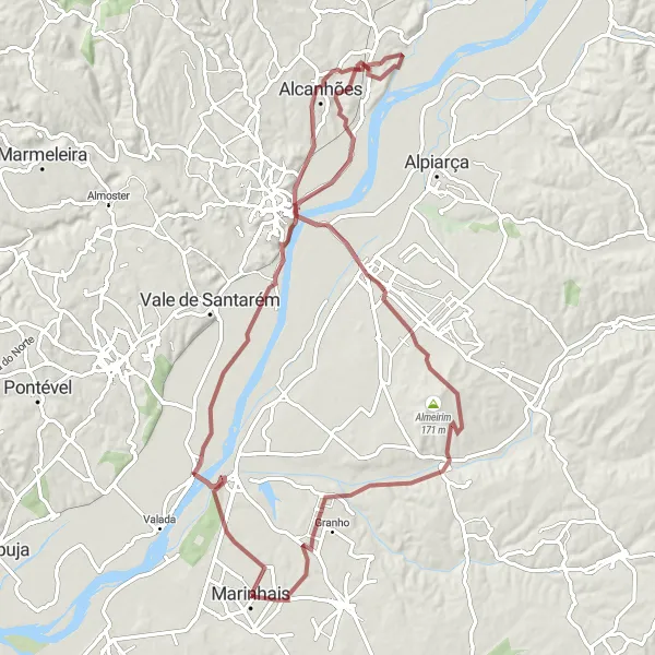 Miniatura do mapa de inspiração para ciclismo "Rota de Gravel Marinhais-Almeirim" em Alentejo, Portugal. Gerado pelo planejador de rotas de ciclismo Tarmacs.app