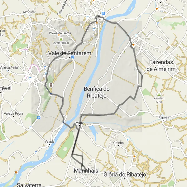 Miniatura do mapa de inspiração para ciclismo "Rota de Estrada Porto de Muge-Almeirim" em Alentejo, Portugal. Gerado pelo planejador de rotas de ciclismo Tarmacs.app