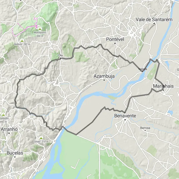 Miniatura do mapa de inspiração para ciclismo "Rota de Estrada Salvaterra de Magos-Valada" em Alentejo, Portugal. Gerado pelo planejador de rotas de ciclismo Tarmacs.app