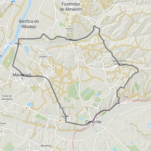 Miniatura do mapa de inspiração para ciclismo "Rota Rural de Muge" em Alentejo, Portugal. Gerado pelo planejador de rotas de ciclismo Tarmacs.app