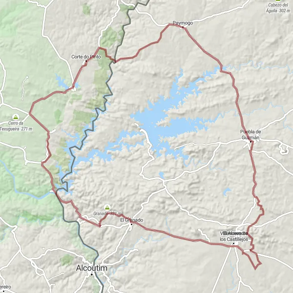 Miniatura do mapa de inspiração para ciclismo "Rota de Ciclismo Gravel da Puebla de Guzmán" em Alentejo, Portugal. Gerado pelo planejador de rotas de ciclismo Tarmacs.app
