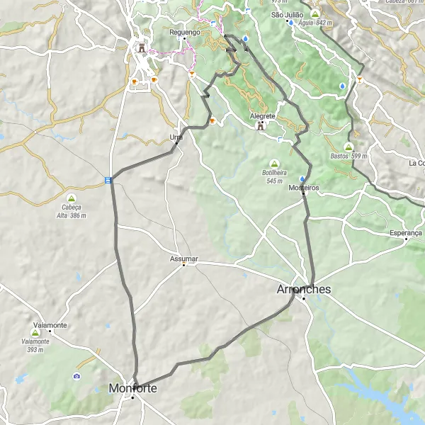 Miniatura do mapa de inspiração para ciclismo "Desafio Monte Monforte" em Alentejo, Portugal. Gerado pelo planejador de rotas de ciclismo Tarmacs.app