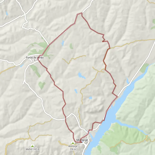 Miniatura do mapa de inspiração para ciclismo "Exploração de Montargil a Foros do Arrão" em Alentejo, Portugal. Gerado pelo planejador de rotas de ciclismo Tarmacs.app