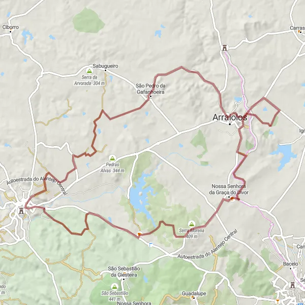 Map miniature of "Gravel Adventure to Montemor" cycling inspiration in Alentejo, Portugal. Generated by Tarmacs.app cycling route planner