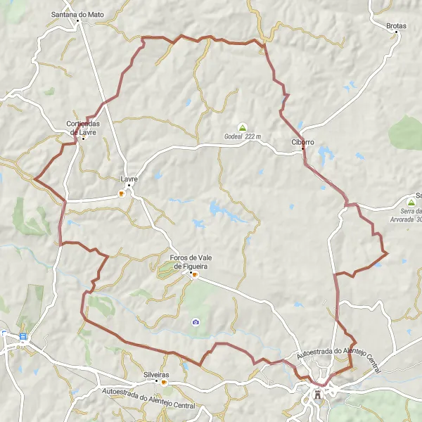 Miniatura do mapa de inspiração para ciclismo "Rota das Cortiçadas e Ciborro" em Alentejo, Portugal. Gerado pelo planejador de rotas de ciclismo Tarmacs.app