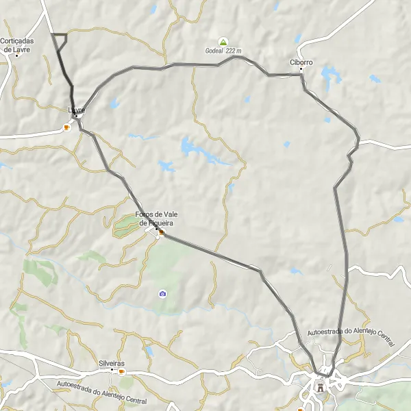 Miniatura do mapa de inspiração para ciclismo "Rota de Estrada Godeal" em Alentejo, Portugal. Gerado pelo planejador de rotas de ciclismo Tarmacs.app