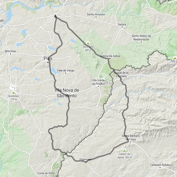 Miniatura do mapa de inspiração para ciclismo "Rota de Ciclismo de Estrada de Moura a Pias" em Alentejo, Portugal. Gerado pelo planejador de rotas de ciclismo Tarmacs.app