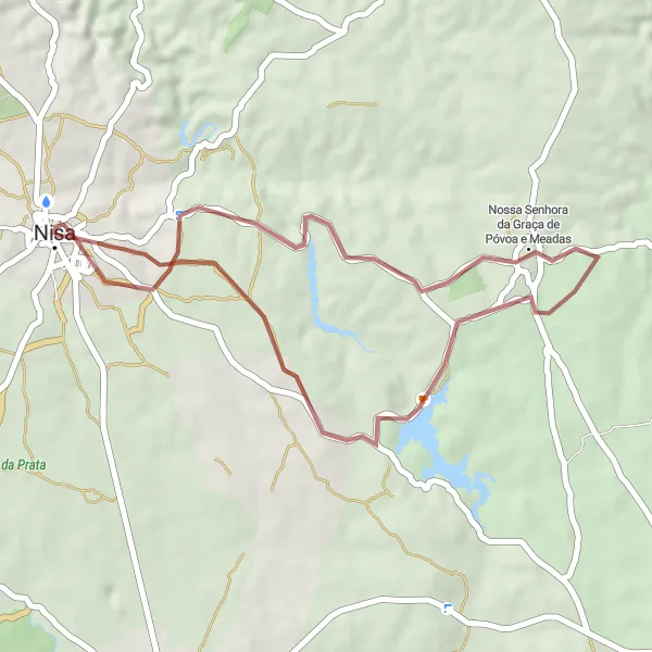 Map miniature of "The Póvoa e Meadas Loop" cycling inspiration in Alentejo, Portugal. Generated by Tarmacs.app cycling route planner