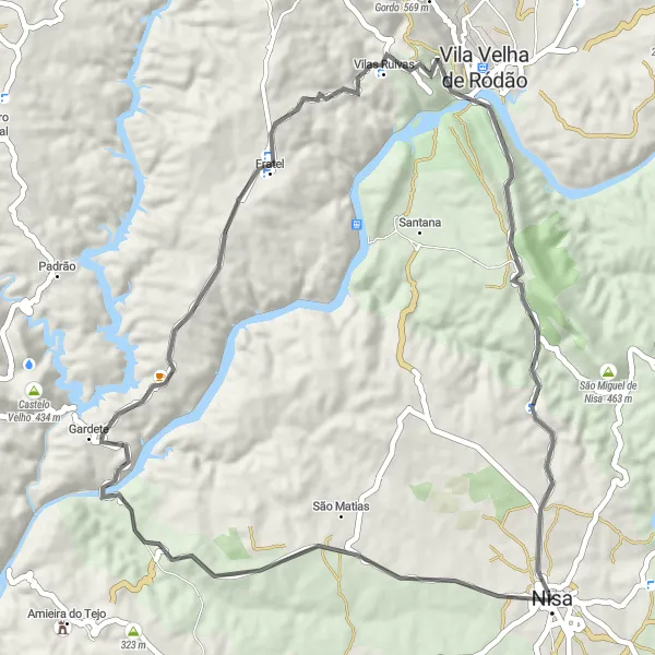 Miniatura do mapa de inspiração para ciclismo "Rota de Estrada do Miradouro de Ródão" em Alentejo, Portugal. Gerado pelo planejador de rotas de ciclismo Tarmacs.app