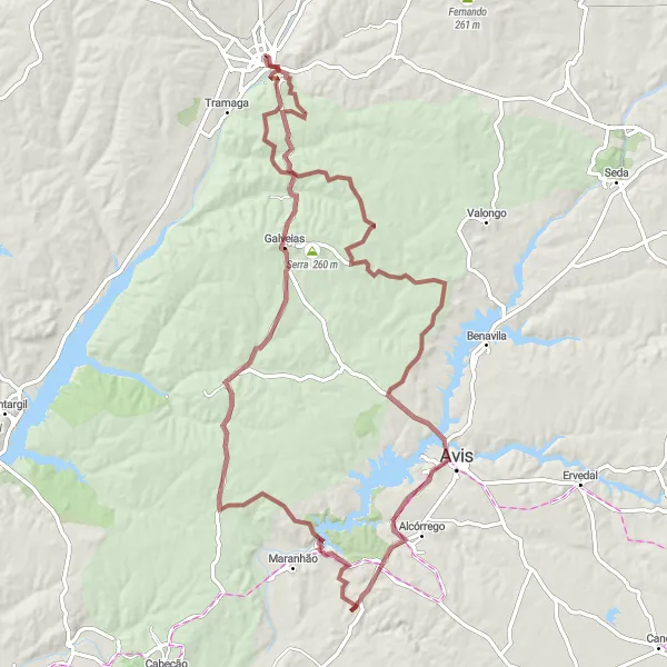Miniatura do mapa de inspiração para ciclismo "Rota de Avis e Ponte de Sor" em Alentejo, Portugal. Gerado pelo planejador de rotas de ciclismo Tarmacs.app