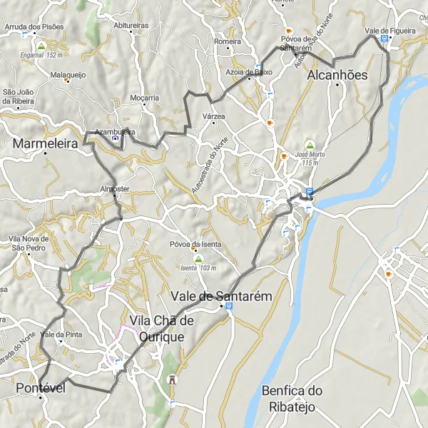 Miniatura do mapa de inspiração para ciclismo "Rota dos Miradouros de Santarém" em Alentejo, Portugal. Gerado pelo planejador de rotas de ciclismo Tarmacs.app