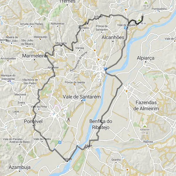 Miniatura do mapa de inspiração para ciclismo "Circuito Panorâmico de Salvaterra" em Alentejo, Portugal. Gerado pelo planejador de rotas de ciclismo Tarmacs.app