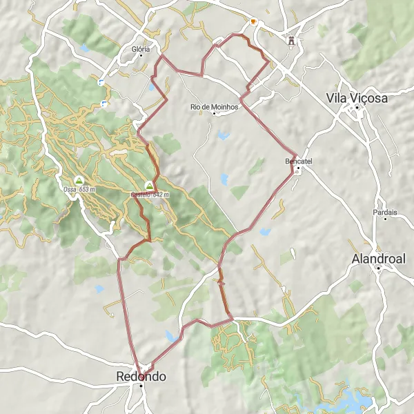 Miniatura do mapa de inspiração para ciclismo "Trilho de Gravel Aventureiro de Redondo" em Alentejo, Portugal. Gerado pelo planejador de rotas de ciclismo Tarmacs.app