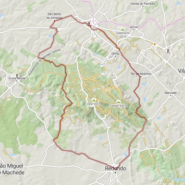 Miniatura do mapa de inspiração para ciclismo "Rota dos Montes" em Alentejo, Portugal. Gerado pelo planejador de rotas de ciclismo Tarmacs.app