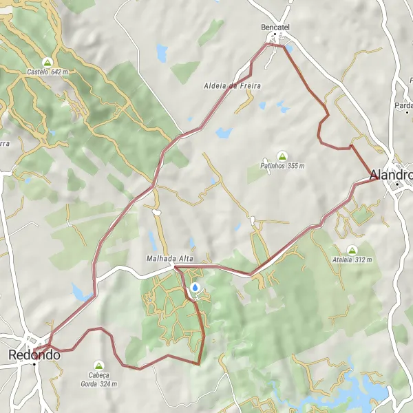 Miniatura do mapa de inspiração para ciclismo "Rota das Terras Gravel de Redondo" em Alentejo, Portugal. Gerado pelo planejador de rotas de ciclismo Tarmacs.app