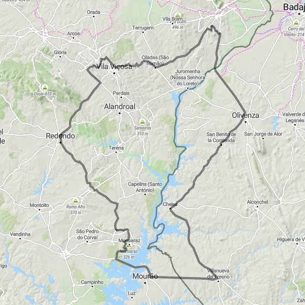 Miniatura do mapa de inspiração para ciclismo "Aventura pela Fronteira Português-Espanhola" em Alentejo, Portugal. Gerado pelo planejador de rotas de ciclismo Tarmacs.app