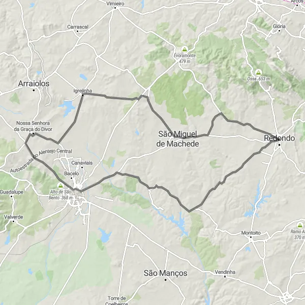 Miniatura do mapa de inspiração para ciclismo "Desafio das Colinas Alentejanas" em Alentejo, Portugal. Gerado pelo planejador de rotas de ciclismo Tarmacs.app