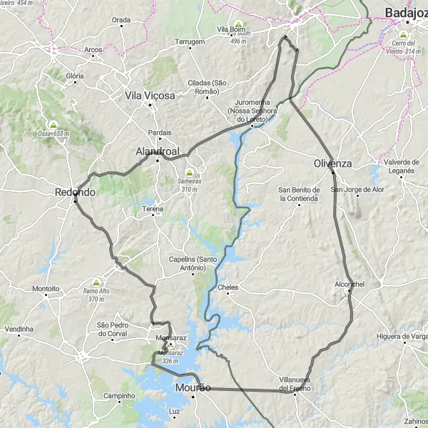 Miniatura do mapa de inspiração para ciclismo "Volta aos Castelos" em Alentejo, Portugal. Gerado pelo planejador de rotas de ciclismo Tarmacs.app