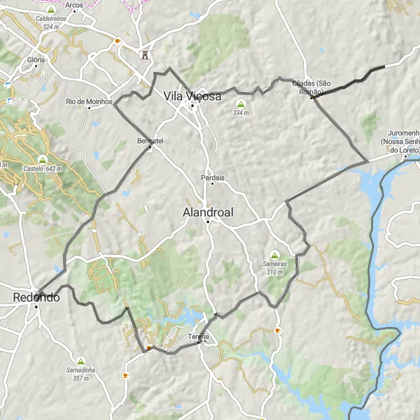 Miniatura do mapa de inspiração para ciclismo "Rota dos Vales" em Alentejo, Portugal. Gerado pelo planejador de rotas de ciclismo Tarmacs.app
