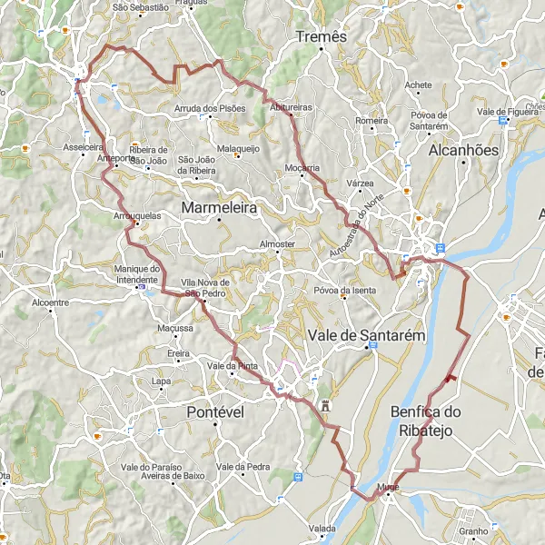 Miniatura do mapa de inspiração para ciclismo "Circuito de Santarém e Cartaxo" em Alentejo, Portugal. Gerado pelo planejador de rotas de ciclismo Tarmacs.app