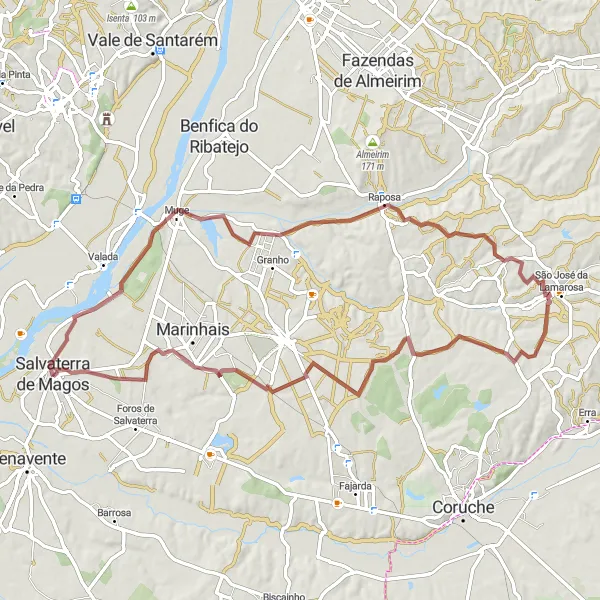Miniatura do mapa de inspiração para ciclismo "Caminho dos Rios" em Alentejo, Portugal. Gerado pelo planejador de rotas de ciclismo Tarmacs.app