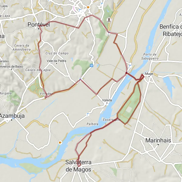 Miniatura do mapa de inspiração para ciclismo "Caminho Rural de Salvaterra" em Alentejo, Portugal. Gerado pelo planejador de rotas de ciclismo Tarmacs.app