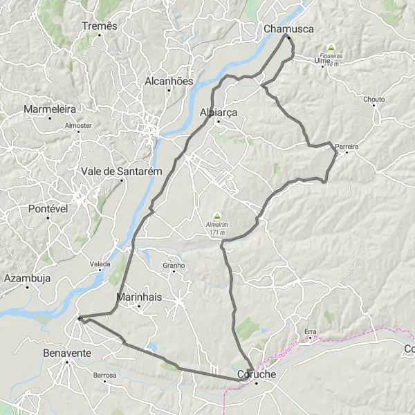 Miniatura do mapa de inspiração para ciclismo "Rota Campestre" em Alentejo, Portugal. Gerado pelo planejador de rotas de ciclismo Tarmacs.app