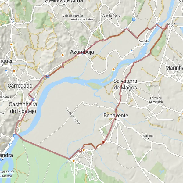 Miniatura do mapa de inspiração para ciclismo "Rota das Colinas de Ribatejo" em Alentejo, Portugal. Gerado pelo planejador de rotas de ciclismo Tarmacs.app