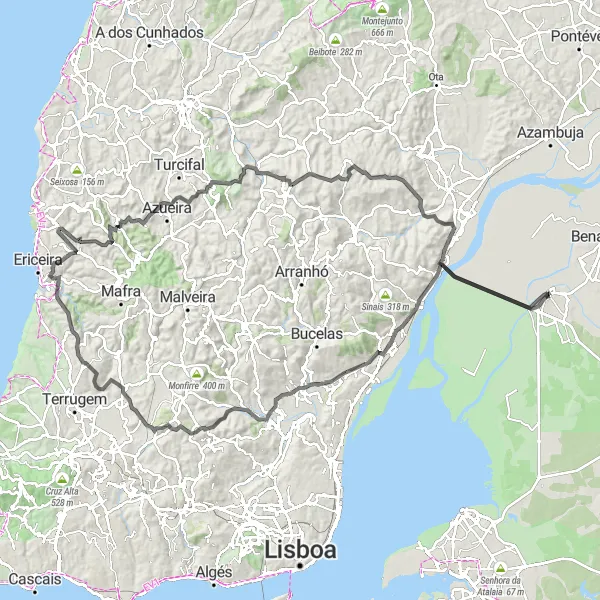 Miniatura do mapa de inspiração para ciclismo "Rota de Ciclismo de Estrada perto de Samora Correia" em Alentejo, Portugal. Gerado pelo planejador de rotas de ciclismo Tarmacs.app