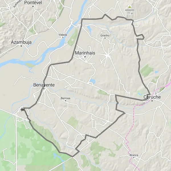 Miniatura do mapa de inspiração para ciclismo "Desafio da Ribeira do Sorraia" em Alentejo, Portugal. Gerado pelo planejador de rotas de ciclismo Tarmacs.app