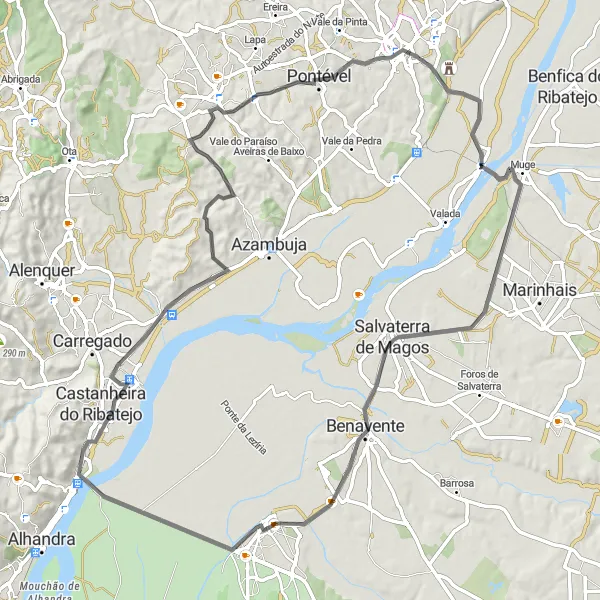 Miniatura do mapa de inspiração para ciclismo "Aventura de 89 km nas redondezas de Samora Correia" em Alentejo, Portugal. Gerado pelo planejador de rotas de ciclismo Tarmacs.app