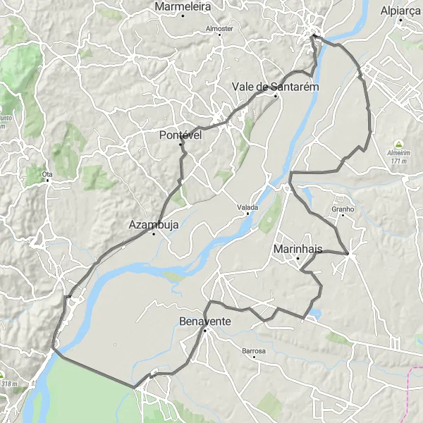 Miniatura do mapa de inspiração para ciclismo "Rota da Ribatejo Rural" em Alentejo, Portugal. Gerado pelo planejador de rotas de ciclismo Tarmacs.app