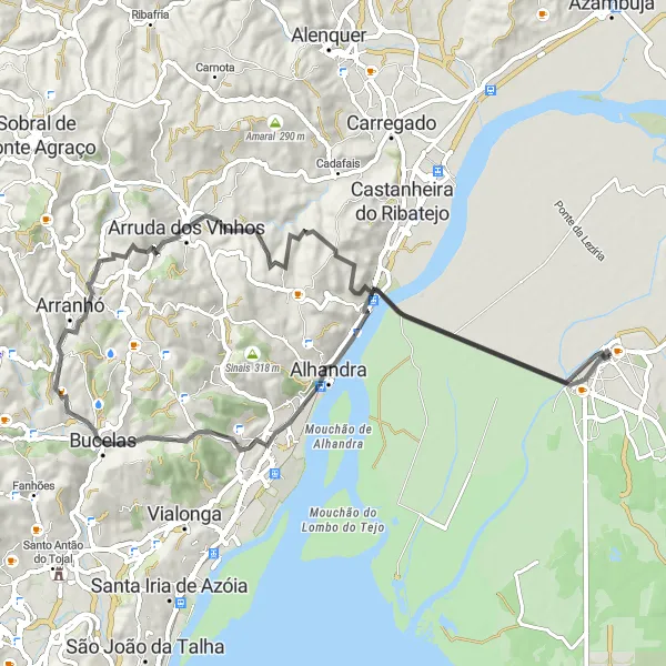 Miniatura do mapa de inspiração para ciclismo "Rota de 71 km perto de Samora Correia" em Alentejo, Portugal. Gerado pelo planejador de rotas de ciclismo Tarmacs.app