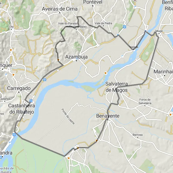 Miniatura do mapa de inspiração para ciclismo "Desafio de 86 km da região de Samora Correia" em Alentejo, Portugal. Gerado pelo planejador de rotas de ciclismo Tarmacs.app
