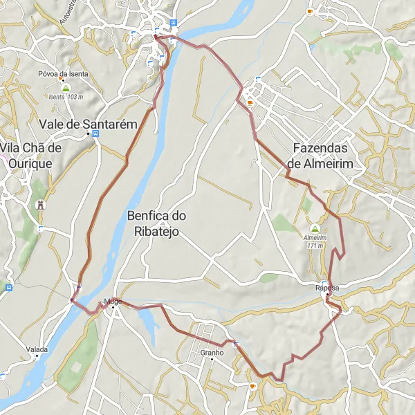 Miniatura do mapa de inspiração para ciclismo "Aventura Gravel em Santarém" em Alentejo, Portugal. Gerado pelo planejador de rotas de ciclismo Tarmacs.app