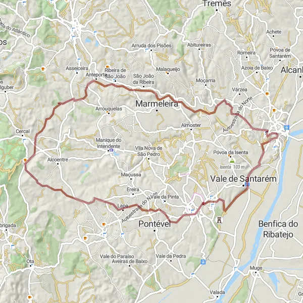 Miniatura do mapa de inspiração para ciclismo "Rota da Paisagem Ribatejana" em Alentejo, Portugal. Gerado pelo planejador de rotas de ciclismo Tarmacs.app