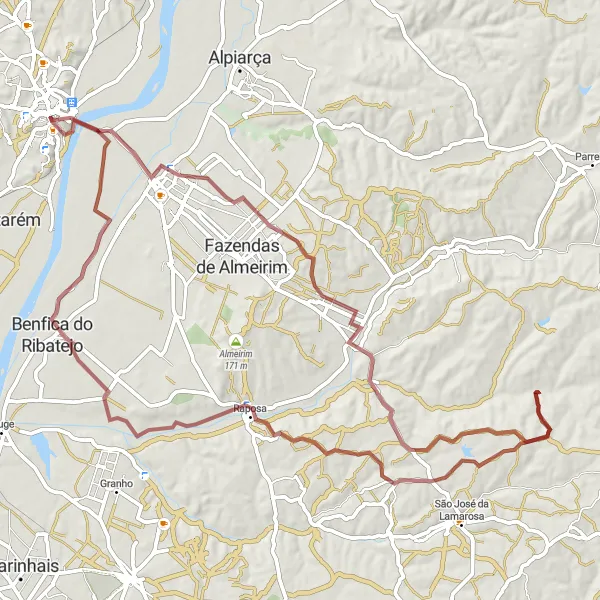 Miniatura do mapa de inspiração para ciclismo "Rota da Natureza em Santarém" em Alentejo, Portugal. Gerado pelo planejador de rotas de ciclismo Tarmacs.app