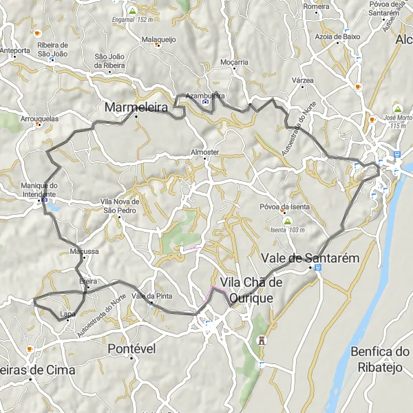 Miniatura do mapa de inspiração para ciclismo "Volta pela Paisagem Rural de Santarém" em Alentejo, Portugal. Gerado pelo planejador de rotas de ciclismo Tarmacs.app