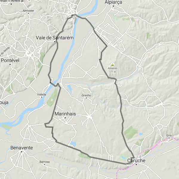 Miniatura do mapa de inspiração para ciclismo "Rota das Colinas de Santarém" em Alentejo, Portugal. Gerado pelo planejador de rotas de ciclismo Tarmacs.app
