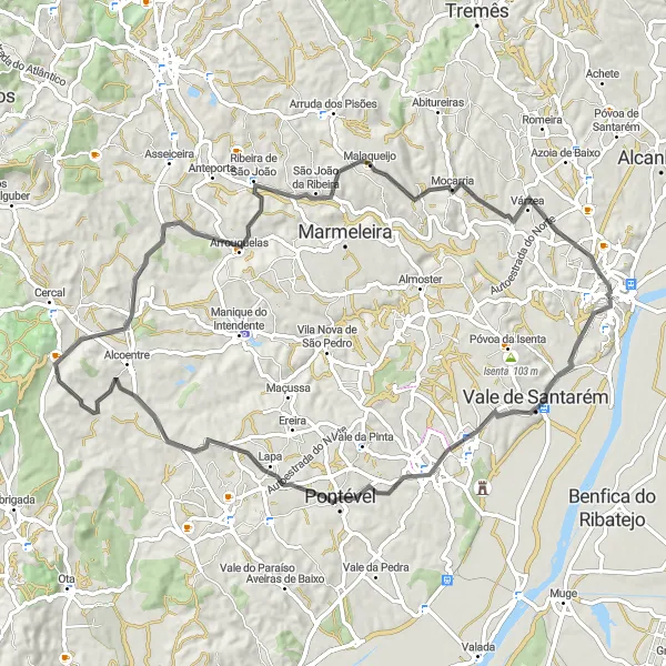 Miniatura do mapa de inspiração para ciclismo "Caminho de Santarém" em Alentejo, Portugal. Gerado pelo planejador de rotas de ciclismo Tarmacs.app