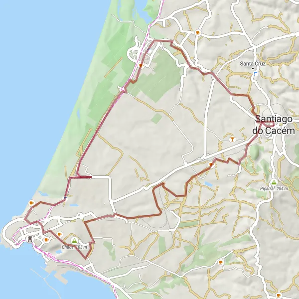 Miniatura do mapa de inspiração para ciclismo "Exploração de Santiago do Cacém" em Alentejo, Portugal. Gerado pelo planejador de rotas de ciclismo Tarmacs.app