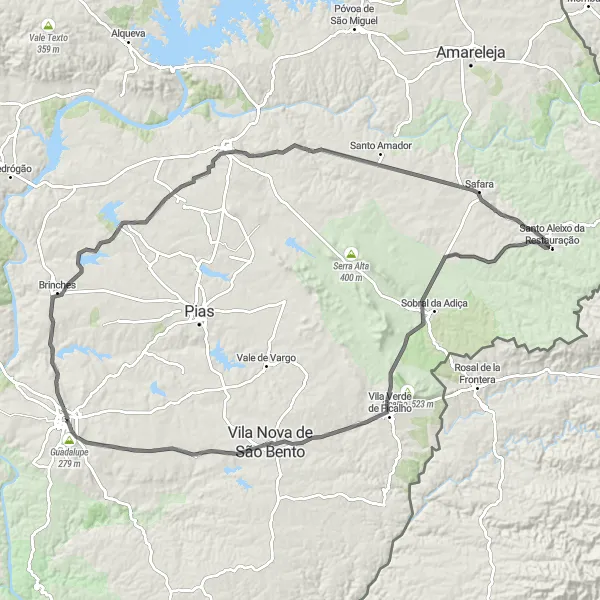 Miniatura do mapa de inspiração para ciclismo "Rota das Aldeias de Serpa" em Alentejo, Portugal. Gerado pelo planejador de rotas de ciclismo Tarmacs.app